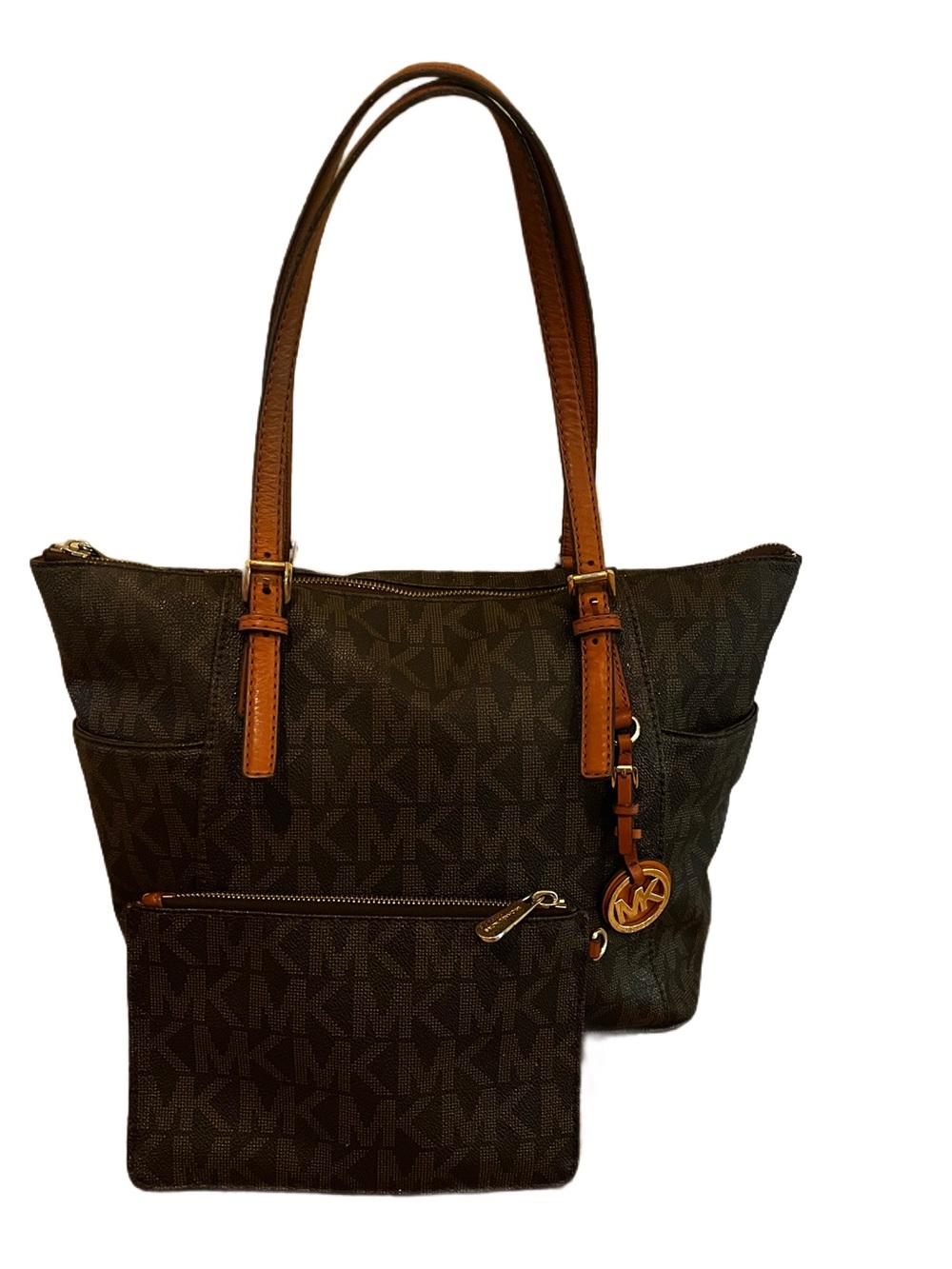 Michael Kors Jet Set MK Logo Brown Leather Tote Bag Purse with Zip Wallet